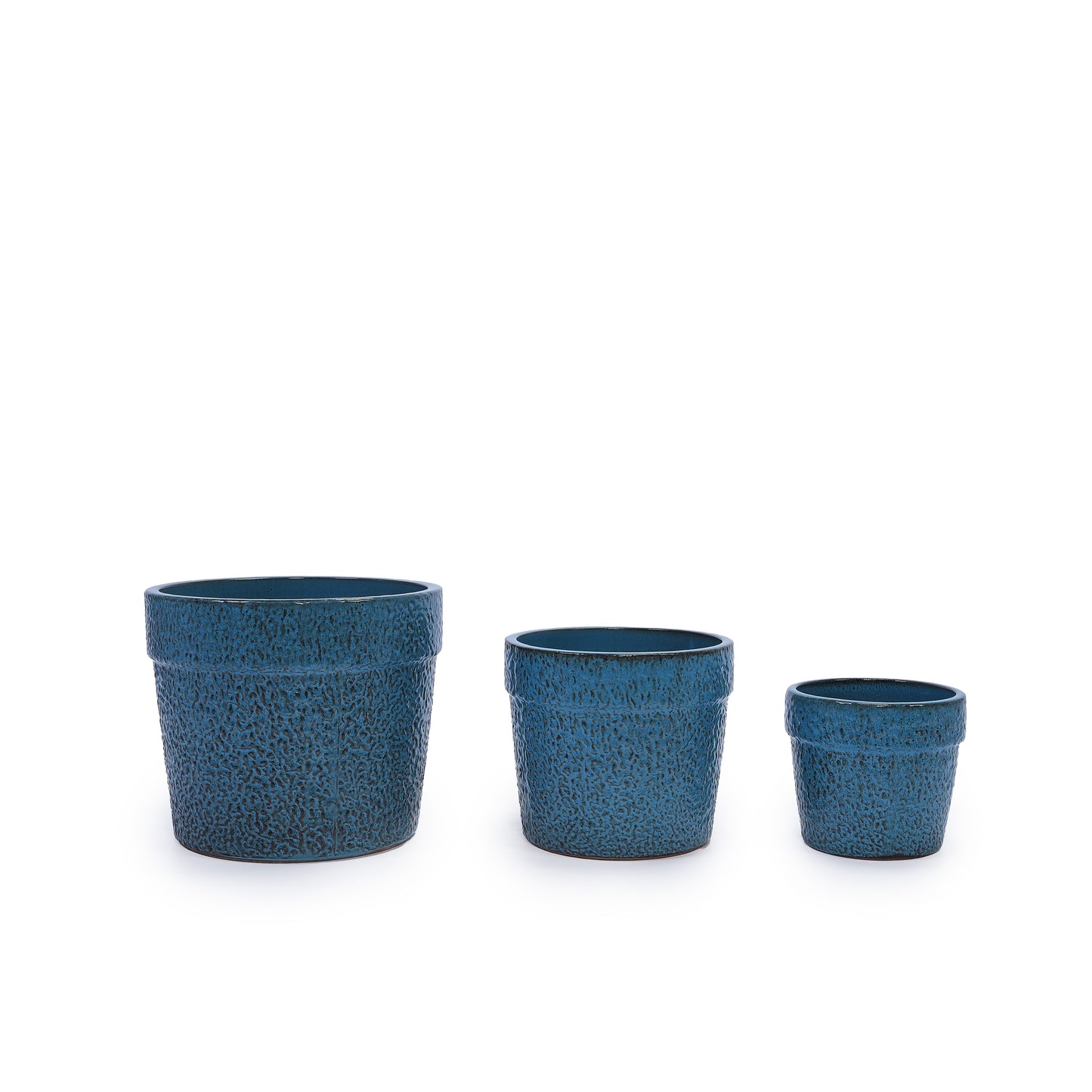 Handmade Ceramic Planter Set of 3, 15/12/9 Inch Diameter, Blue Textured Pattern, for Succulents & Indoor Plants, Windowsill & Bookshelf Use, Breathable Clay