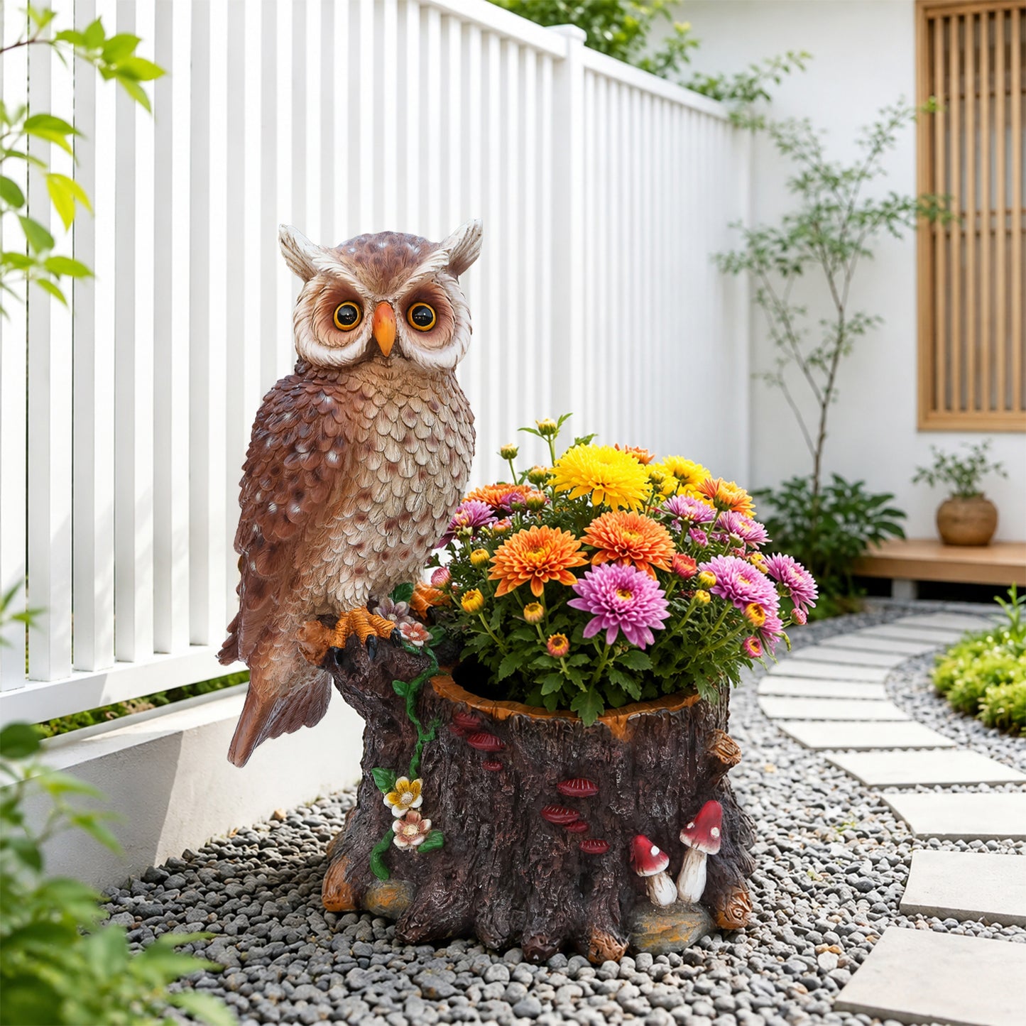Sitting Owl with Tree Trunk Garden Planter - Rustic Polyresin Owl Figurine and Flower Pot Combo for Outdoor & Indoor Decor