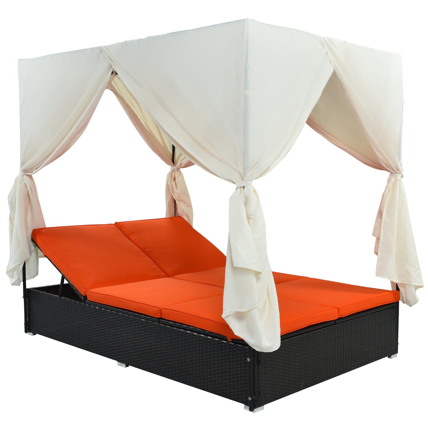 U_STYLE Outdoor Double Chaise Lounge Daybed with Curtains,Patio Outdoor Sunbed with Adjustable Backrest, Sturdy Steel Frame Loveseat Sofa for Backyard,Poolside, Terrace