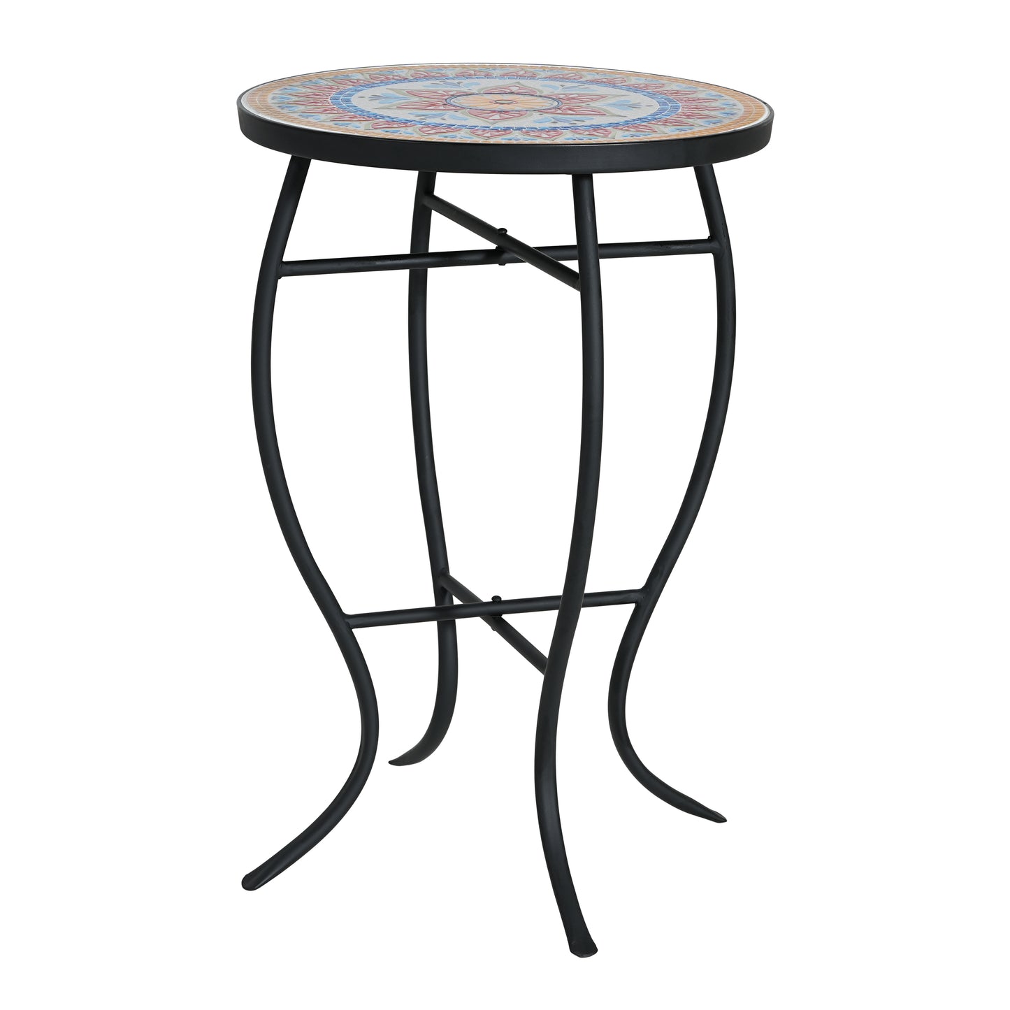 Outdoor Round Side Table with Mosaic-Style Top and Curved Iron Legs, Red and Matte Black