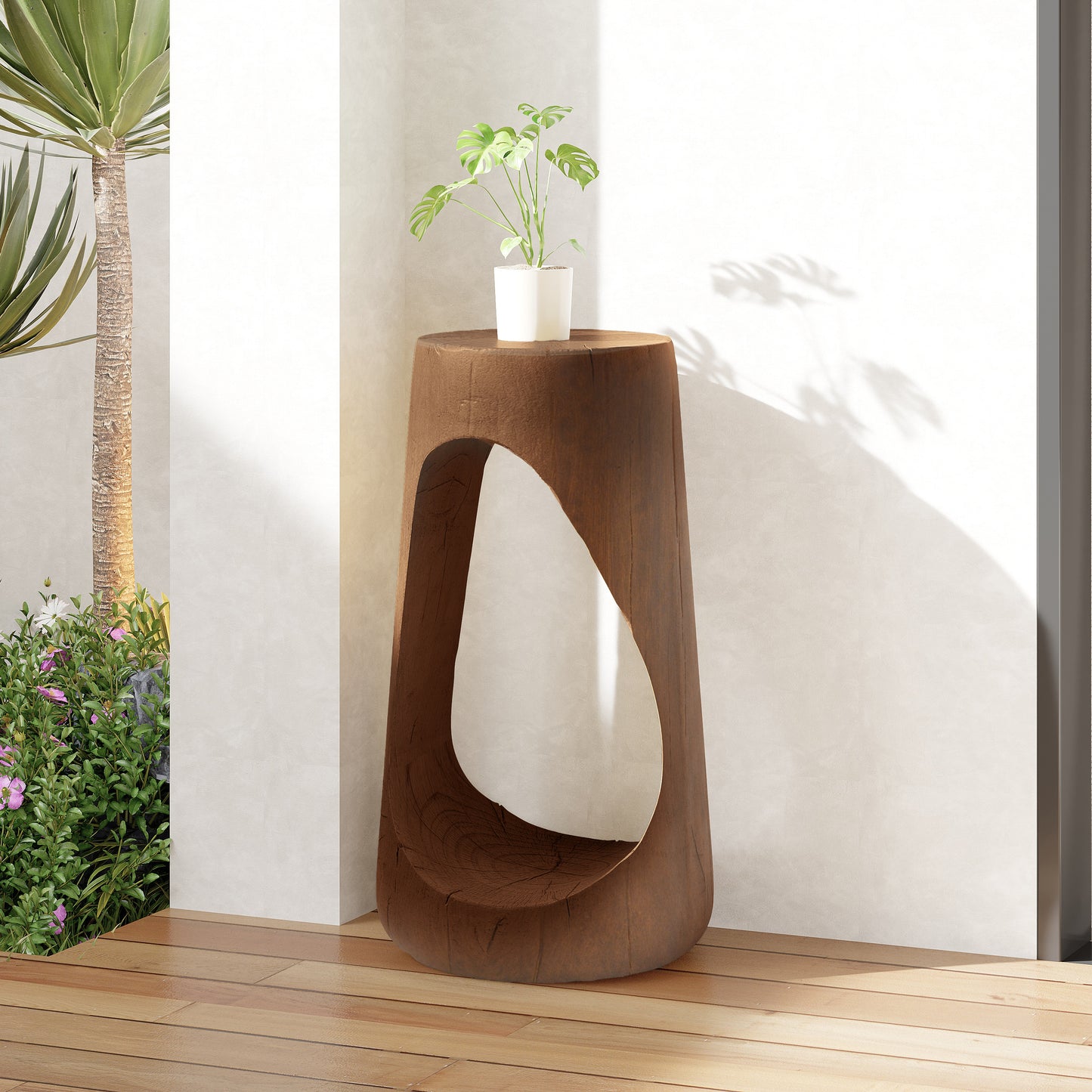 Outdoor Side Table,Hollow Design End Table,Patio Garden Stool Table,Decorative Accent Table for Patio Balcony Beach Pool Side,Lightweight Concrete,Wood Like Texture,Antique Brown Color