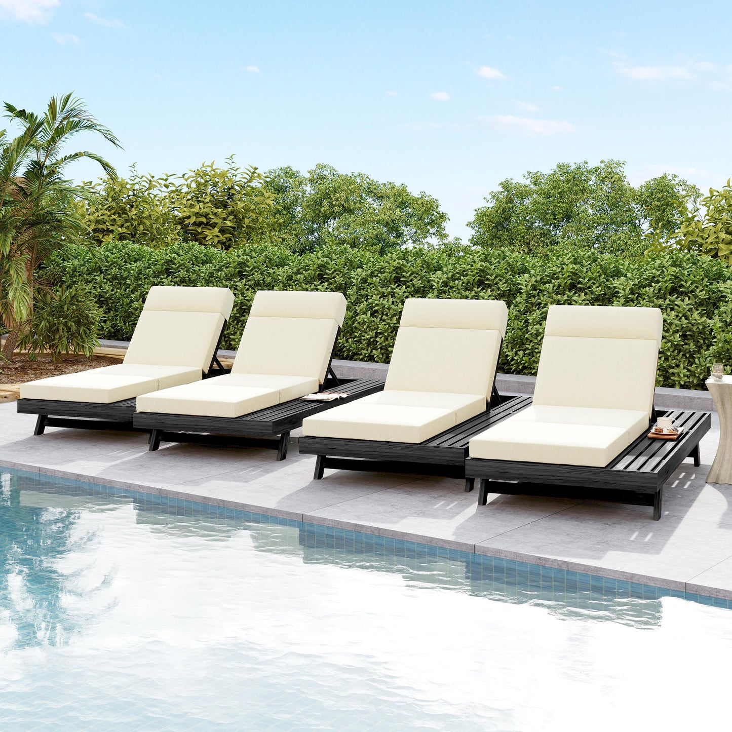 Lounge Chaise Set With Headrest, Space Available On One Side, Acacia Wood In Black With Water-Resistant Lounge Cushions (Beige & 3-Fold & 4 Inch) – Matching Dark Grey/Cream Version Available