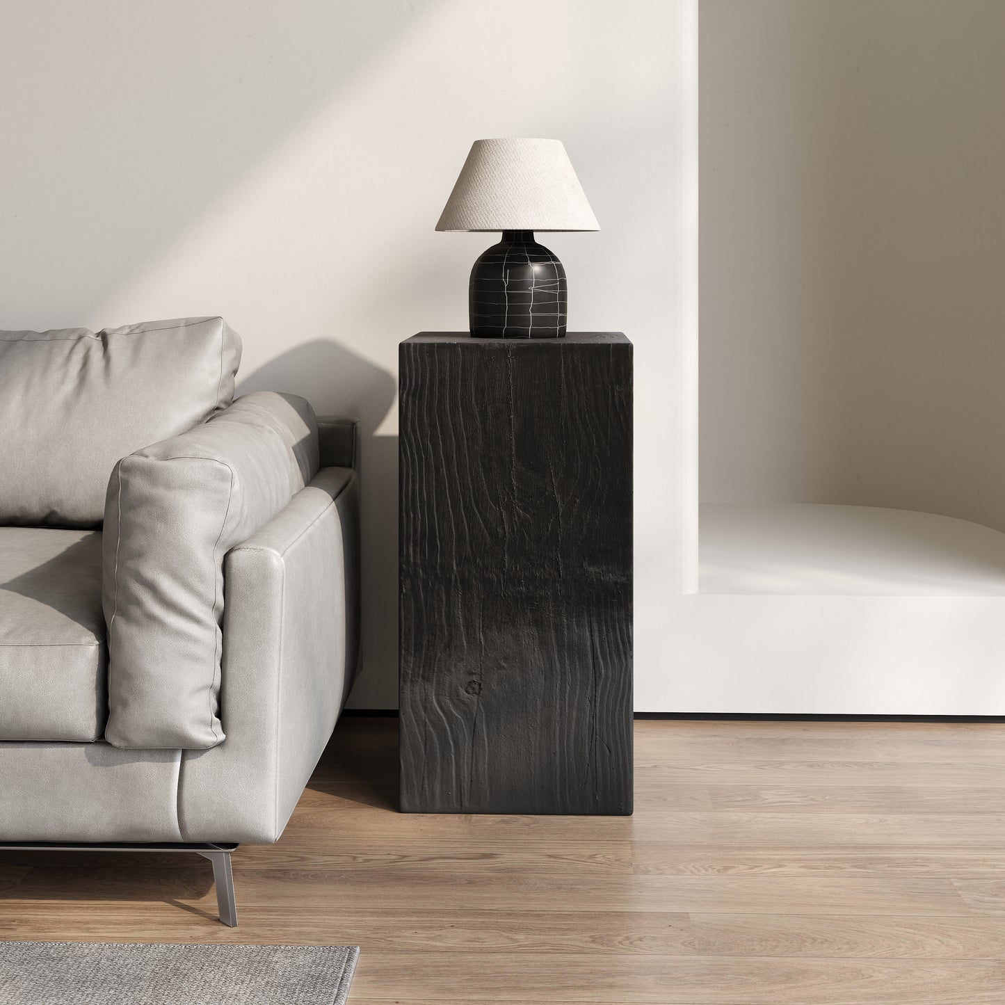 Wood-Look Square-Column MGO End Table,  H33.75",Wood-Like Distressed Finish, Mix with Different Heights, Indoor Outdoor Use,Black Color