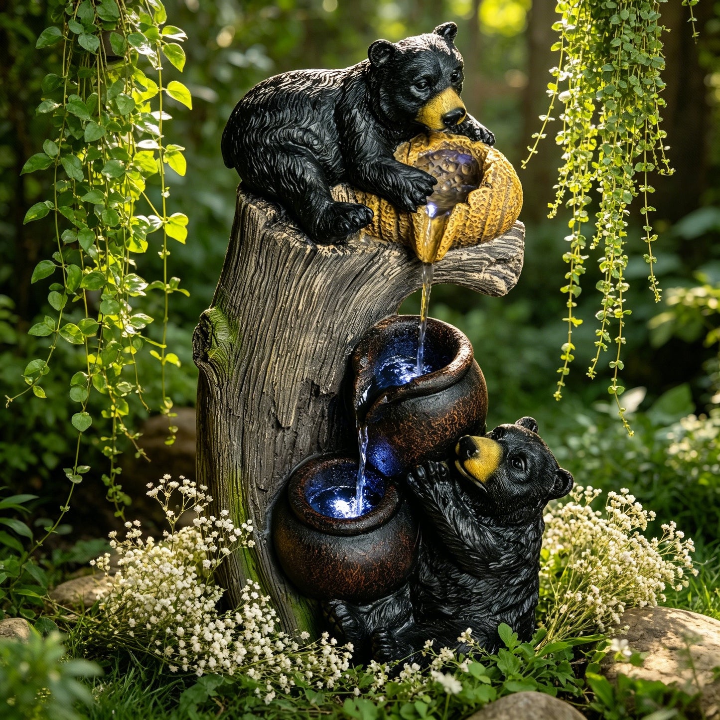 Bear Outdoor Water Fountain with LED Lights Cascading Fountains Outdoor for Patio Yard Balcony 23.62'' Garden Fountains Outdoor and Outdoor Water Fountain Decor