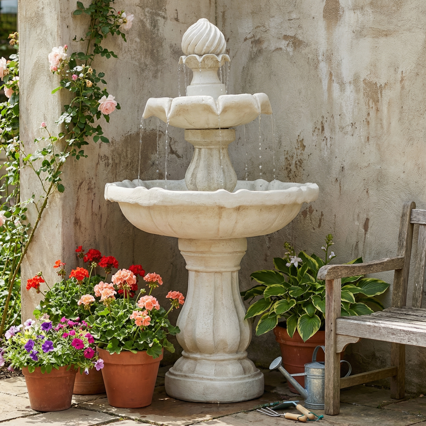 37.4"H 2-Tier White Polyresin Outdoor Water Fountain, Classic Pedestal Cascading Water Feature for Patio Garden Yard Decor
