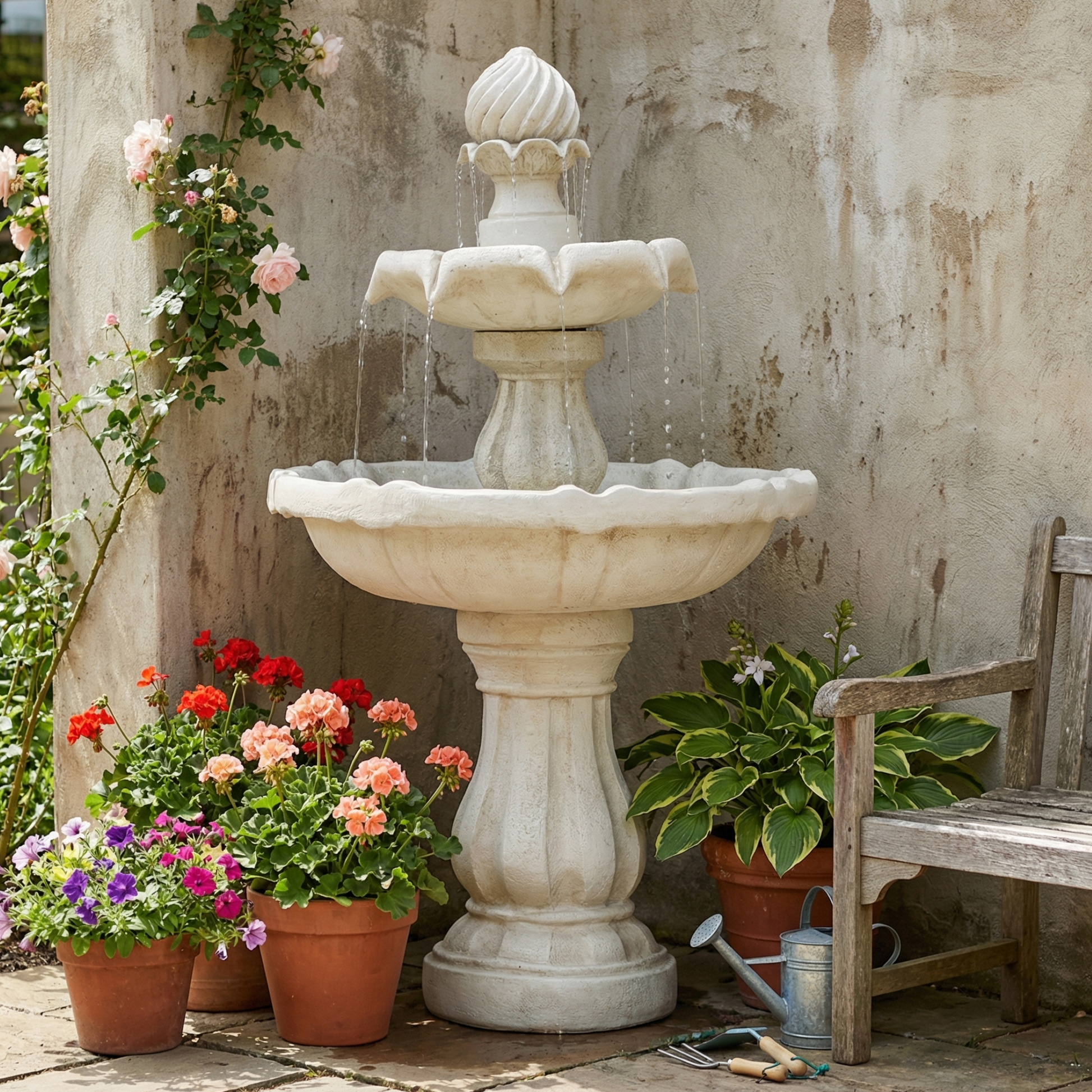 37.4"H 2-Tier White Polyresin Outdoor Water Fountain, Classic Pedestal Cascading Water Feature for Patio Garden Yard Decor