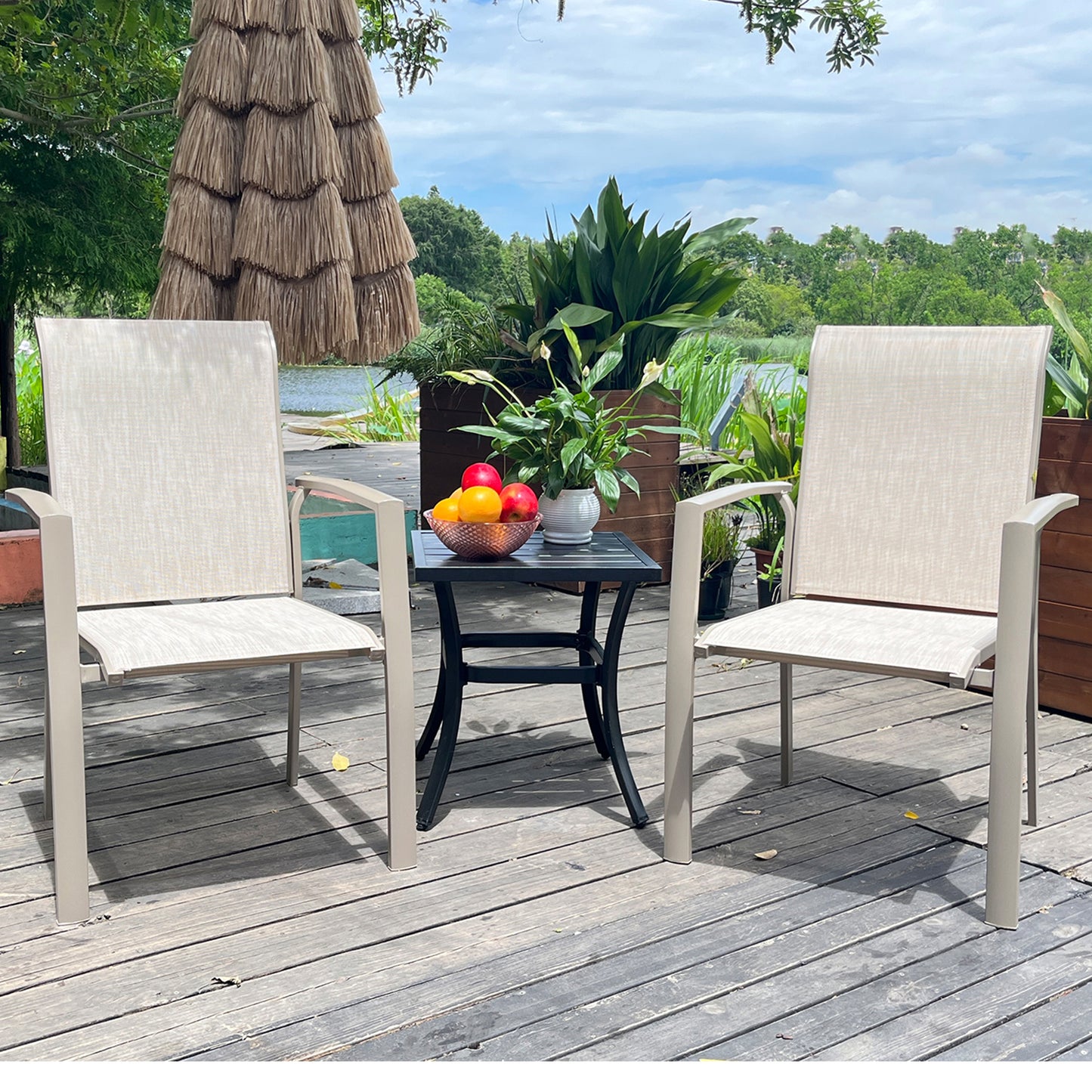 VRSHWO Garden Patio Chairs Set of 2, Weather Metal Outdoor Dining Chairs , Garden, Poolsides, Cream Color Frame