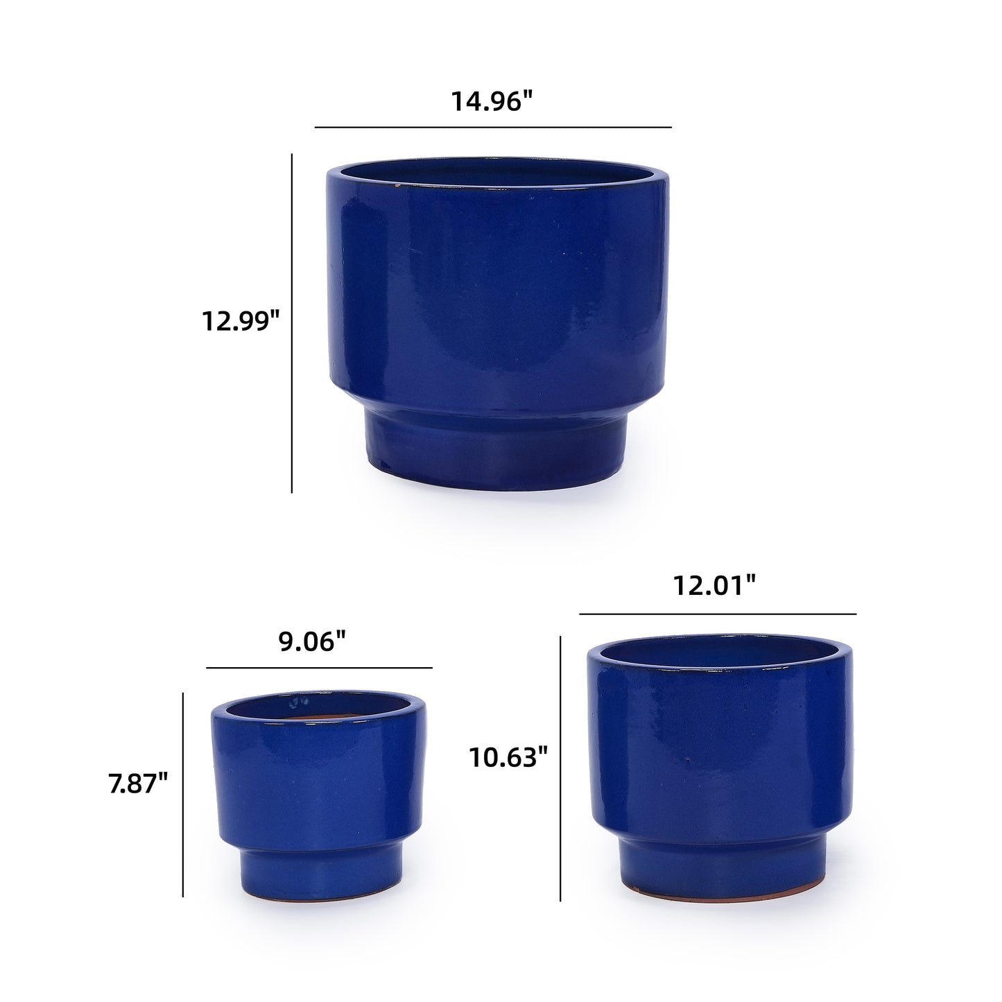 Handmade Solid Blue Glazed Ceramic Planter Set of 3, 15/12/9 Inch Diameter, for Succulents & Flowers Outdoor Garden & Indoor Staircase Use, Breathable Porous Clay