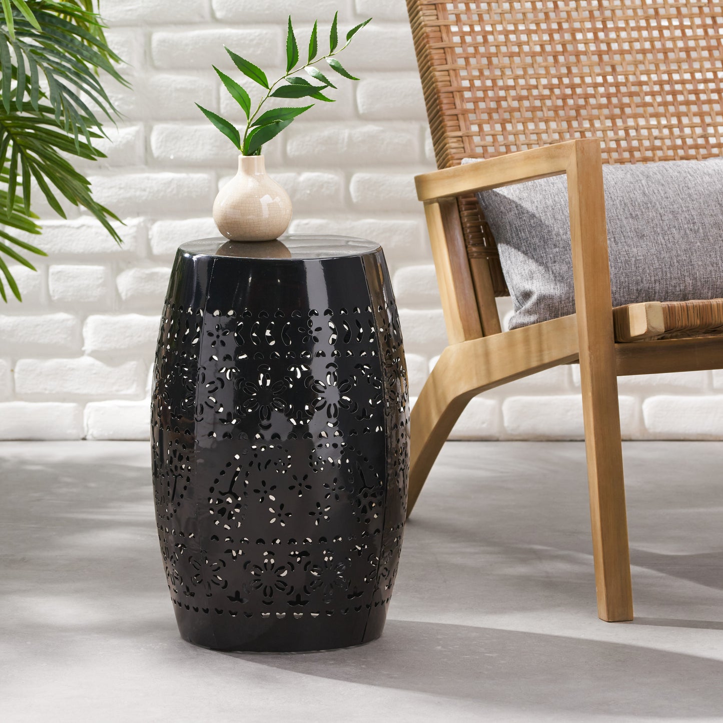 RUBY Side Table, Lace Cut Metal End Table for Outdoor & Indoor Use, Barrel Shape Accent Table with No Assembly Needed for Garden, Patio, Living Room, Backyard Decor,Black Color