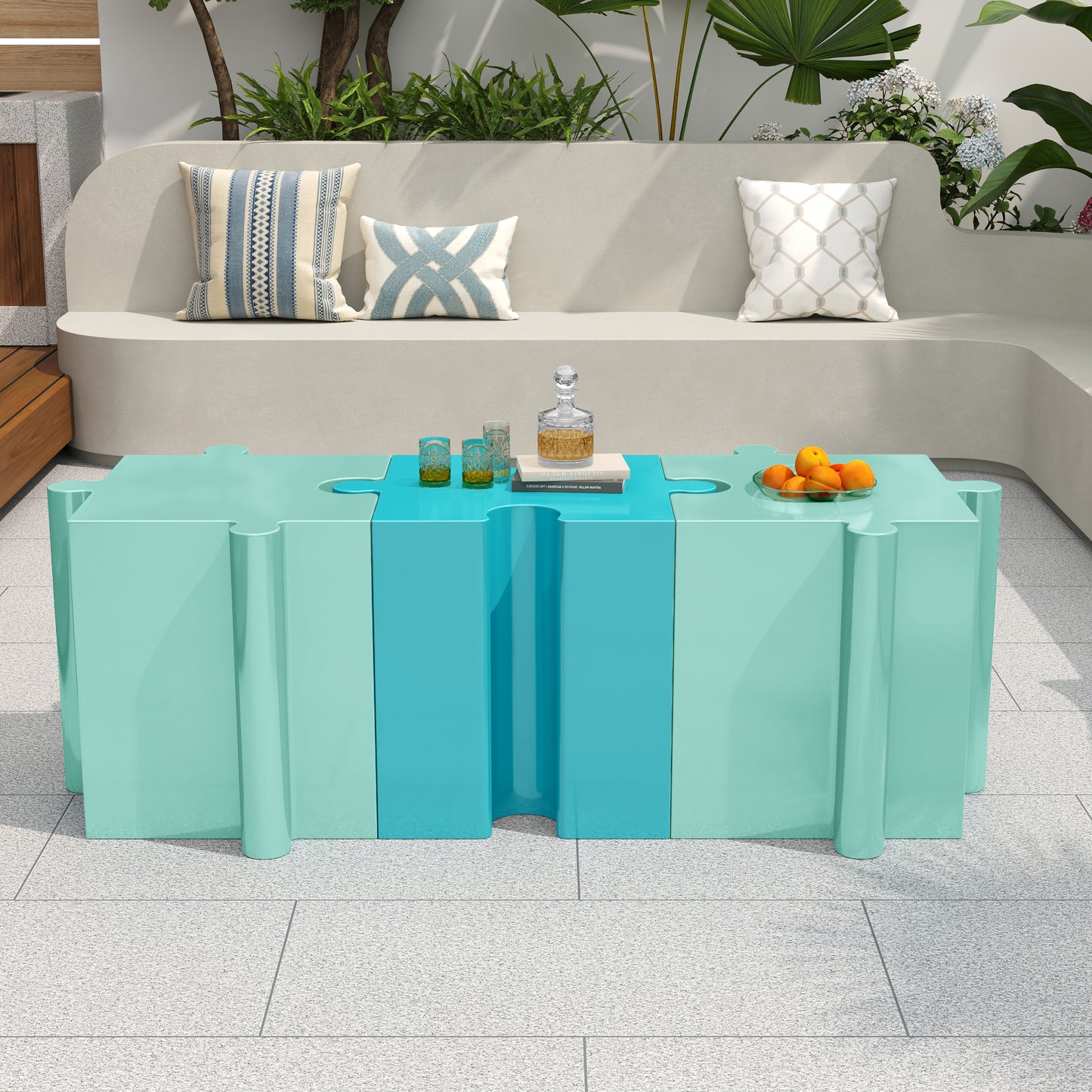 Puzzle Art Side Table, Modular Concave Edge MGO Table - Buy Singles or Combine for Custom Layouts, Indoor & Outdoor,Light Blue Color