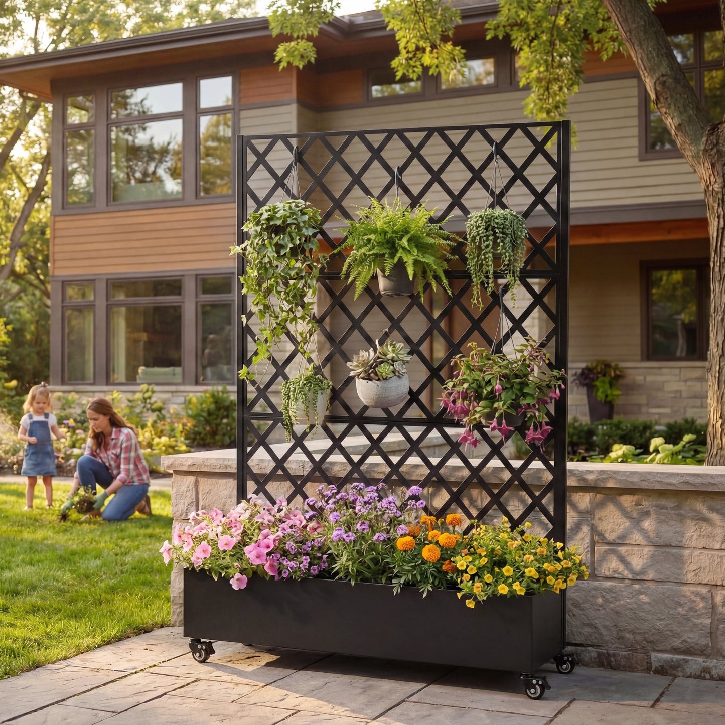 Metal Raised Garden Bed with Wheels and Trellis,73"x47"x16" Planter Box for Climbing Plants, Vegetables & Vines, Features Privacy Screen and Drainage Holes