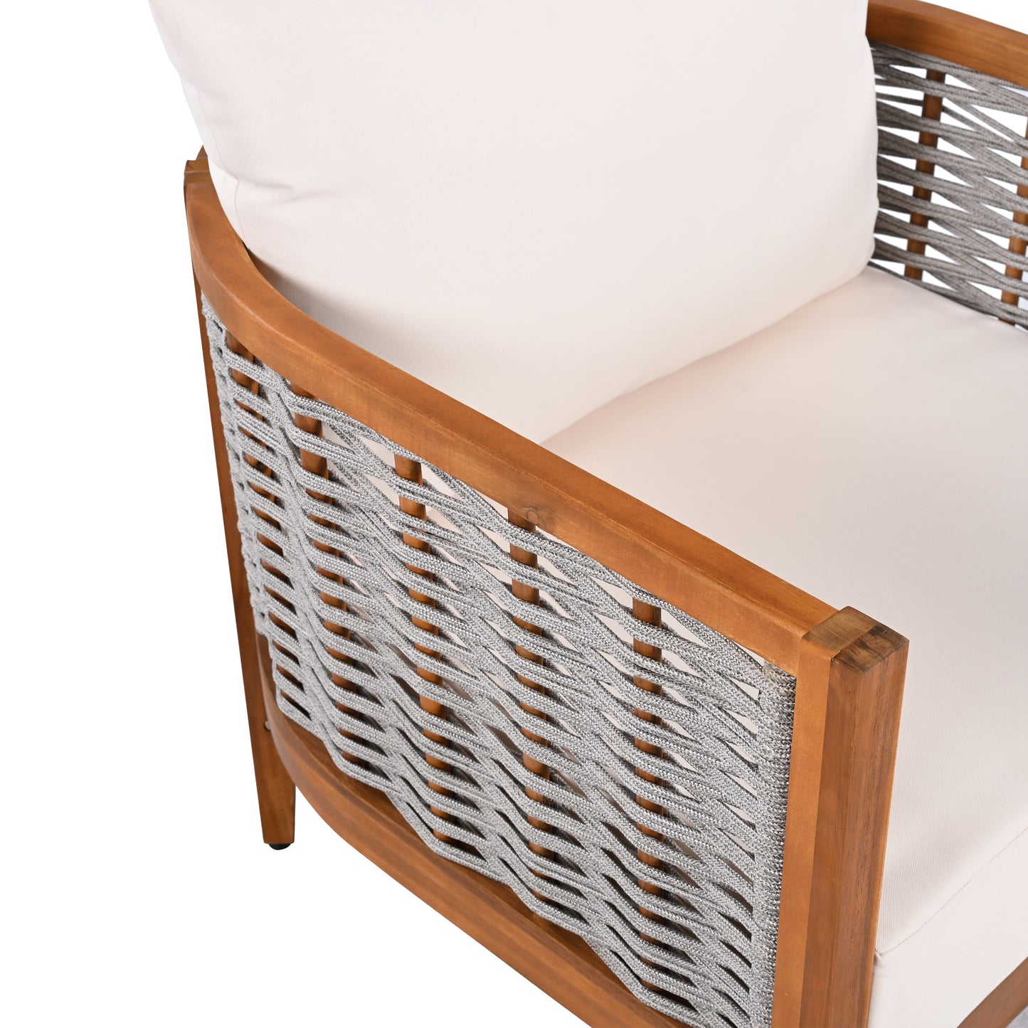 2 Pieces Outdoor Unique Tub Design Armchair with Woven Rope, Patio Furniture Acacia Wood Chair, Deep Seating with Soft Cushions for Porch, Garden, Backyard, Balcony, Teak Finish & Beige Cushion