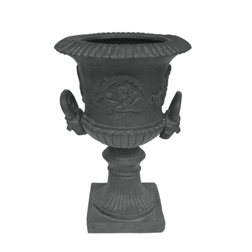 18.75 in. W x 28.25 in. H Black Lightweight Concrete Garden Urn Planter, Roman Design with Botanical Accents