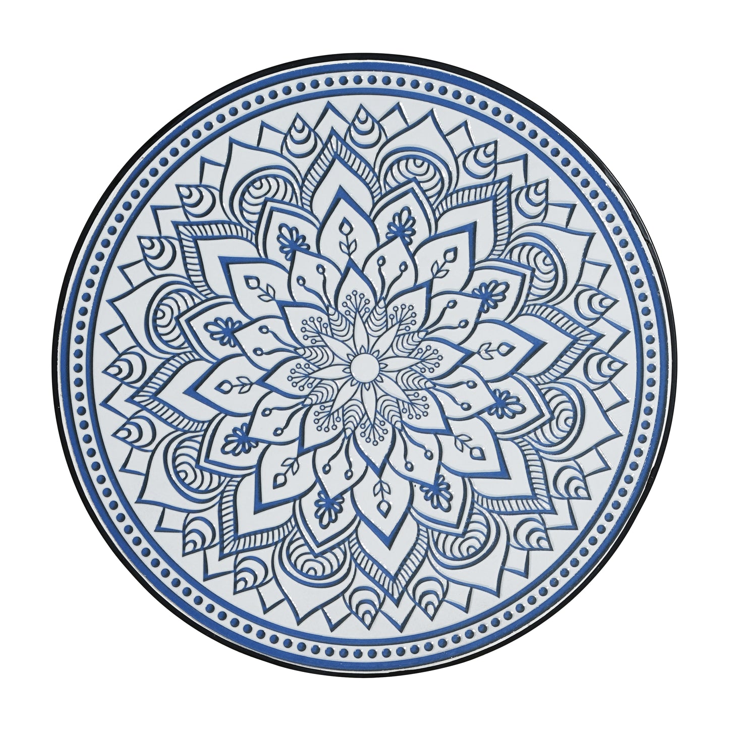 Outdoor Round Side Table with Mosaic-Style Top and Curved Iron Legs, Blue and Matte Black