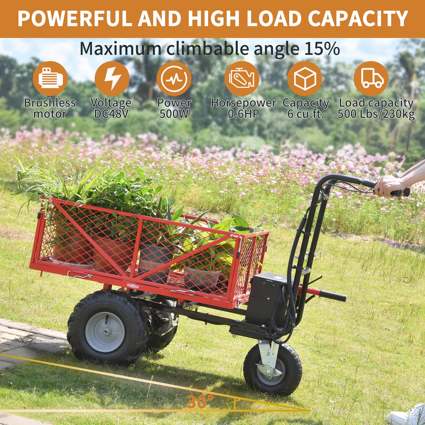 Wheelbarrow Utility Cart Electric Powered Cart 48V28Ah 500W  Capacity 500lbs (230kg)  Material Hauler 1000lbs Towing