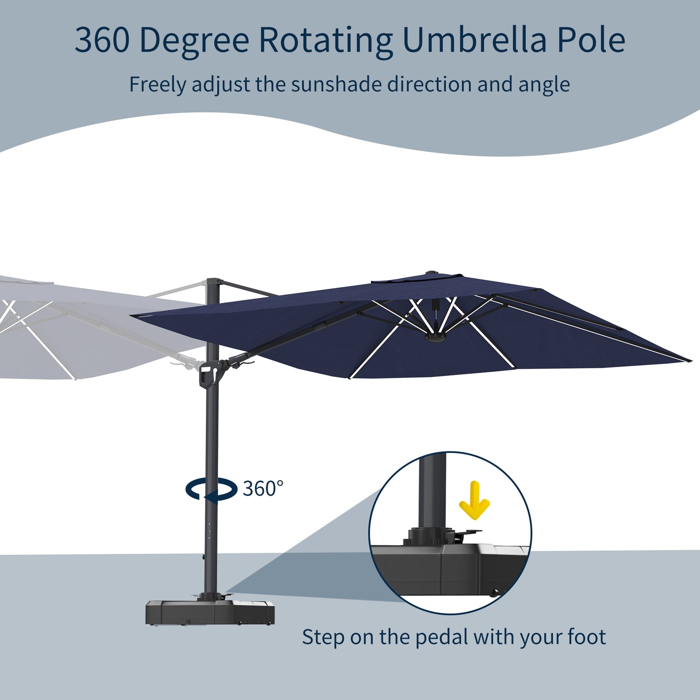 11FT Square Cantilever Patio Umbrella with LED Light in Navy Blue(without Umbrella Base)