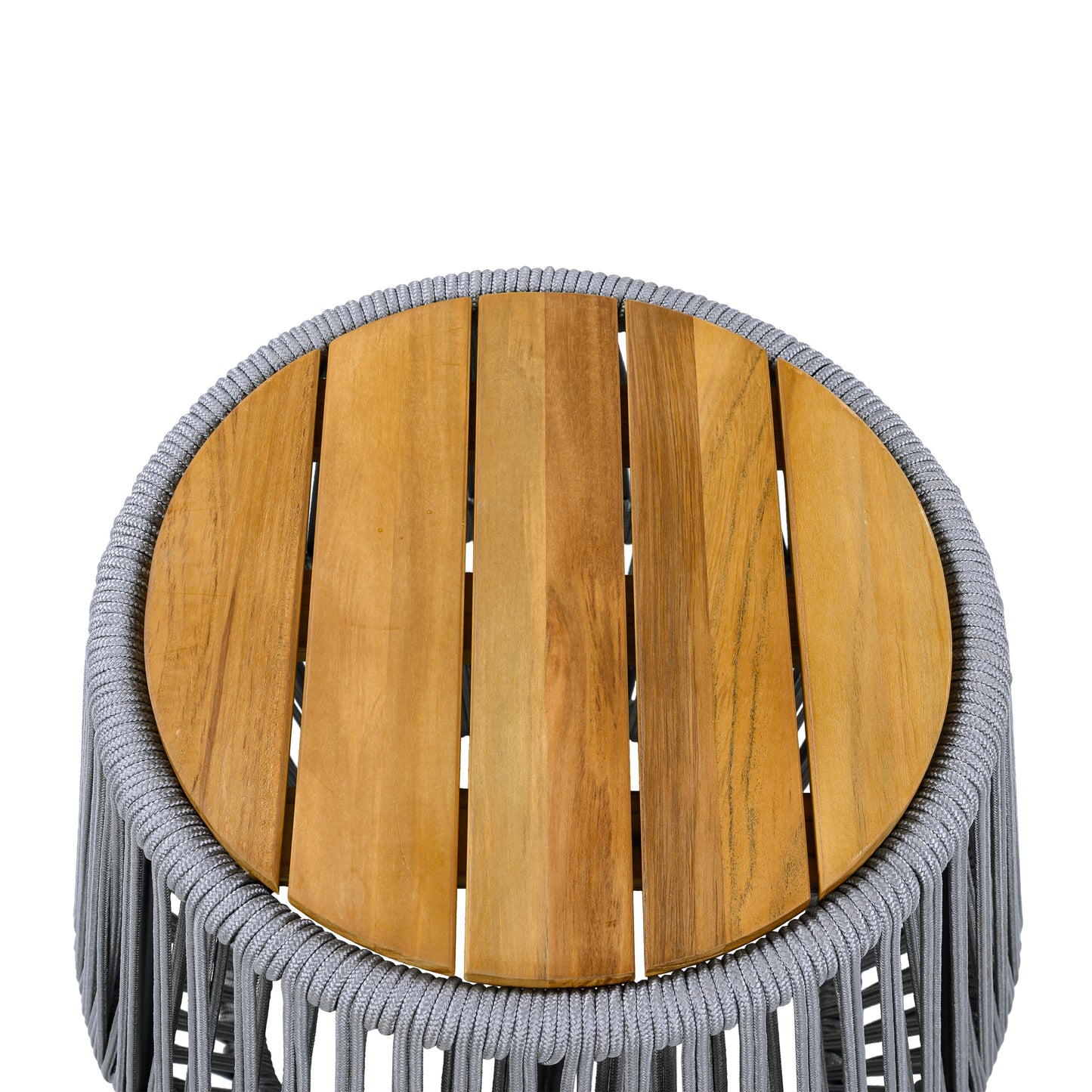 Acacia Wood Side Table with Grey Rope Base - Natural Teak Finish, Modern Coastal Accent for Patio, Garden, Balcony & Indoor Use