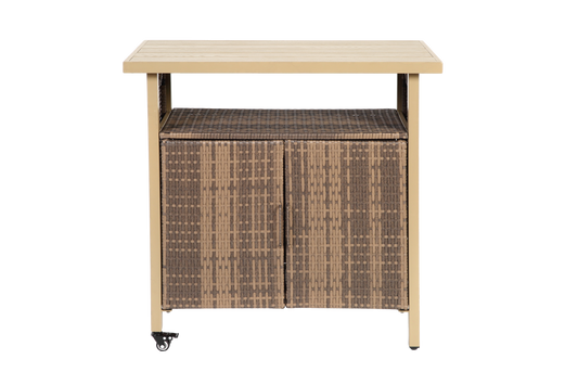Outdoor Wicker Bar Cart, Patio Wine Serving Cart w/Wheels , Rolling Rattan Beverage Bar Counter Table for Porch Backyard Garden Poolside Party, Beige