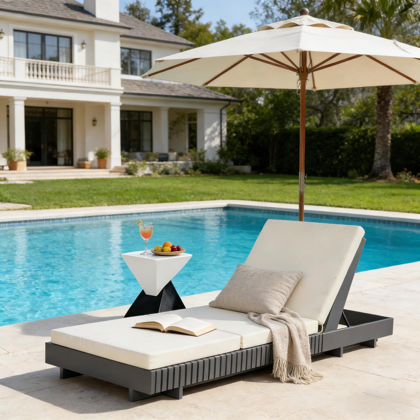 Dark Grey Acacia Solid Wood Outdoor Chaise Lounge with Cream 3-Fold Water-Repellent Cushion, 400lbs Capacity,  Modern Patio Sun Lounger for Garden, Poolside