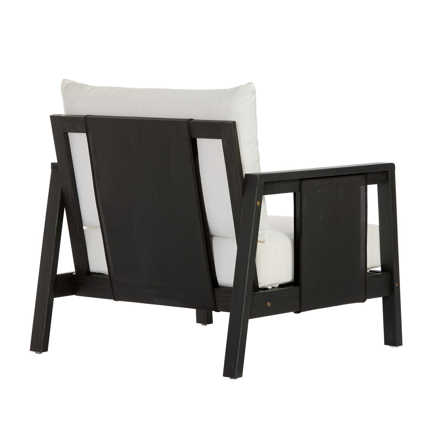 Outdoor Club Chair, Acacia Wood Frame with Black Textilene Accents, Water-Repellent White Cushions for Patio/Backyard/Deck