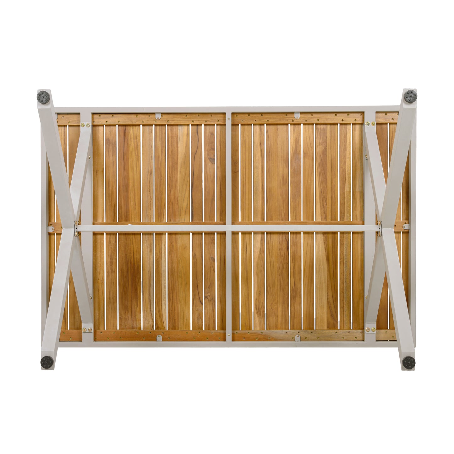 Teak Wood Top with Beige Steel Frame Outdoor Dining Table, 55.12" Rectangular Patio Table with X-Shaped Legs, Weather-Resistant for Backyard, Garden, Deck and Poolside