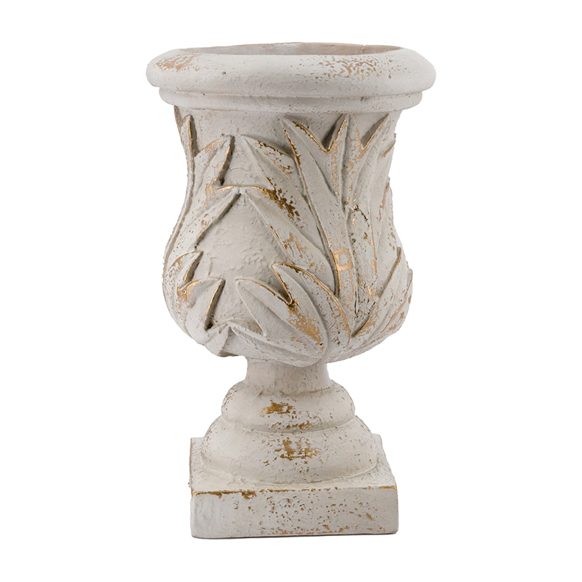 10.2x10.2x16.9" Ornate Magnesium Urn Planter with Antique White Finish and Carved Leaf Details
