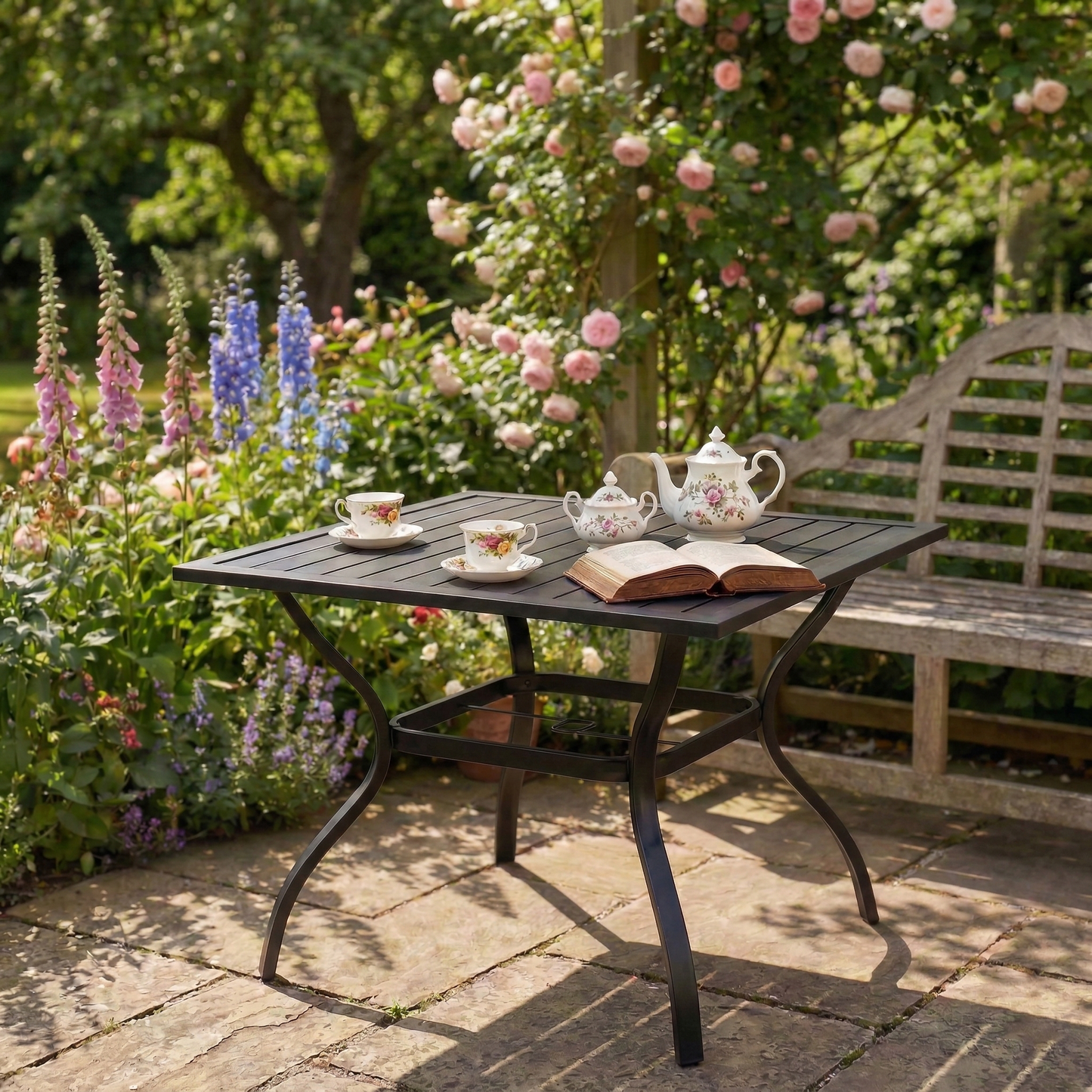 Metal Steel Slat Patio Dining Table Square Backyard Bistro Table Outdoor Furniture Garden Table