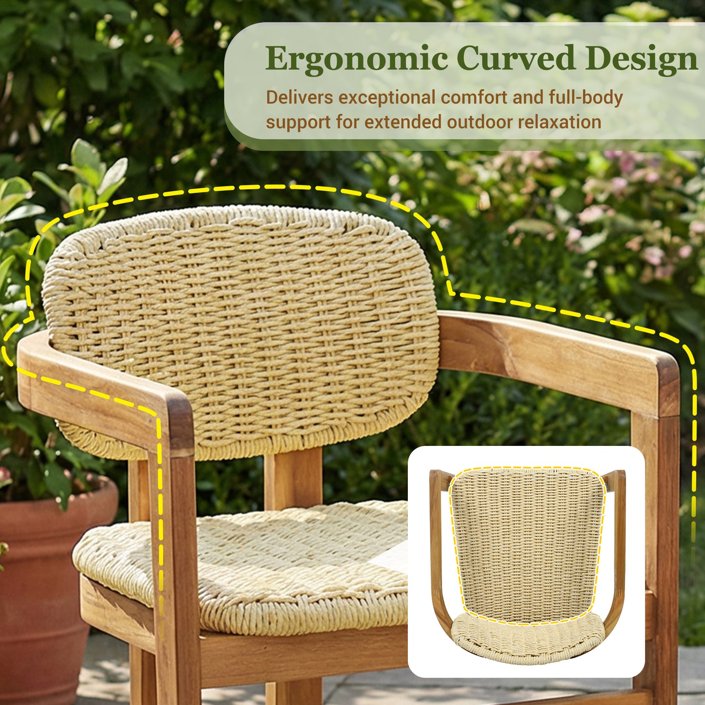 Outdoor Woven Rattan Chair Set Two Accent Chairs Stylish Outdoor Armchairs 2 Person Seating Group Ergonomic Garden Chairs for Patio, Outdoor, Teak Finish+Natural Rattan