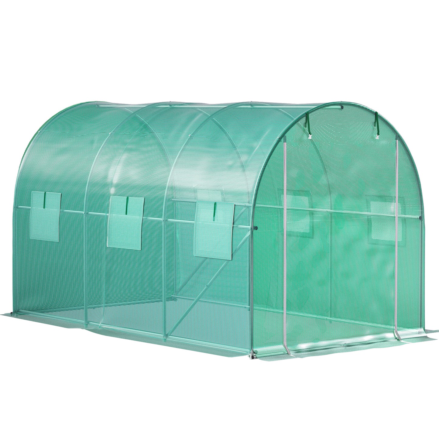 Walk-in Tunnel Greenhouse, 12 x 7 x 7 ft Portable Plant Hot House w/ Galvanized Steel Hoops, 1 Top Beam, Diagonal Poles, Zippered Door & 6 Roll-up Windows, Green