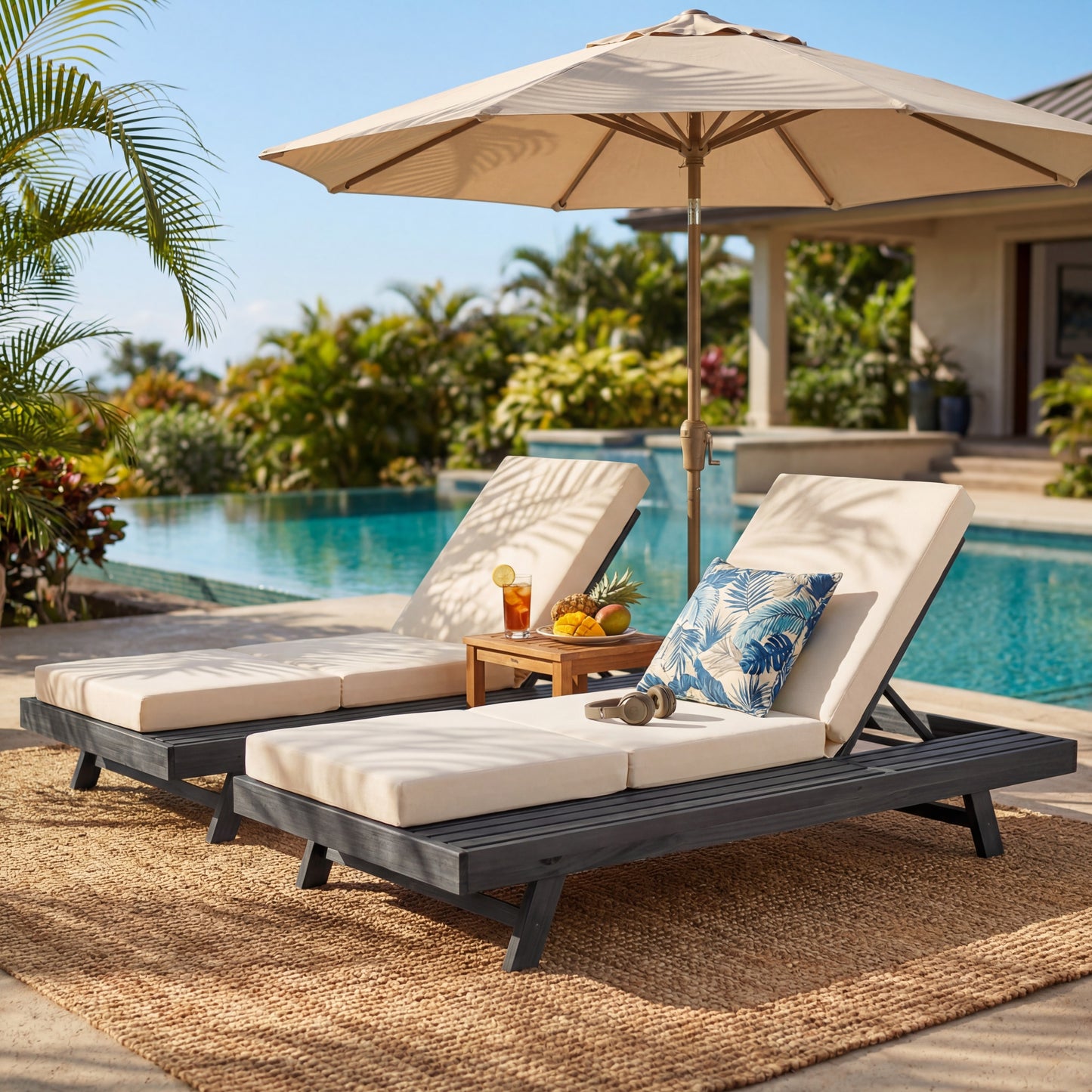 Lounge Chaise Set, Space Available On One Side, Acacia Solid Wood In Black With Lounge Cushion (Cream & Triple Fold) – Matching Dark Grey Version Available