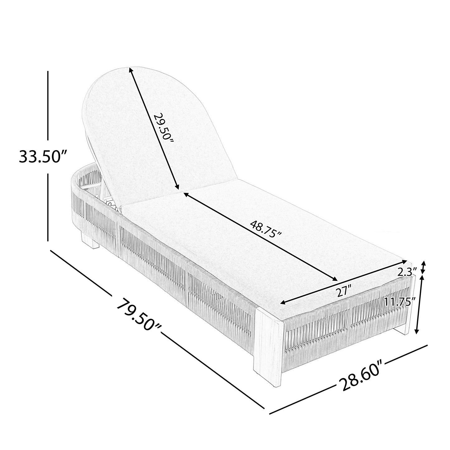 Outdoor Chaise Lounge Chair, Acacia wood Pool Chair with Adjustable Backrest and Cushion, Outdoor Lounge Chair for Beach, Yard, or Poolside (Grey rope)