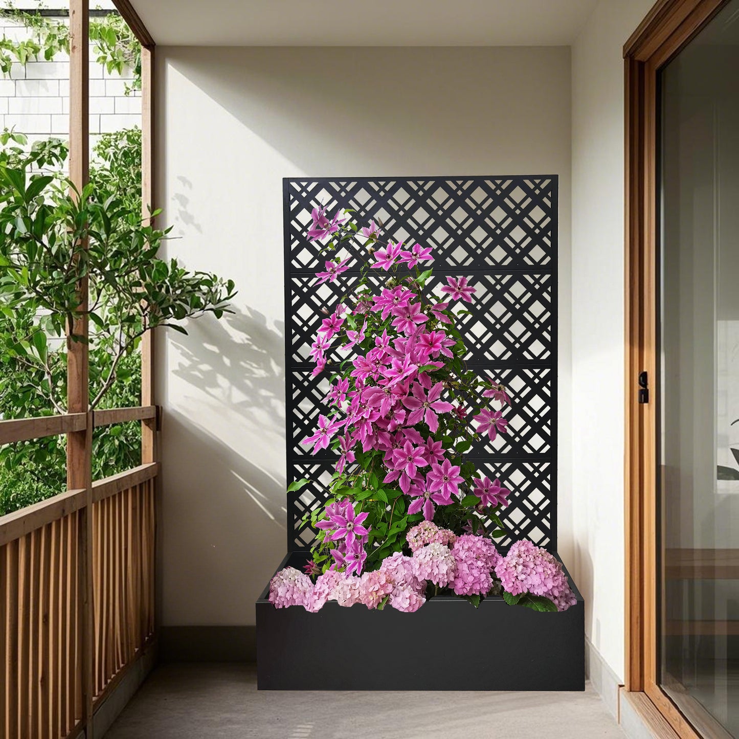 Metal Planter Raised Garden Bed with Trellis 70.9in H x 43.3in W x 15.8in D - Garden Box for Climbing Plants Flowers Vegetable with Drainage Holes, Rhombus Black