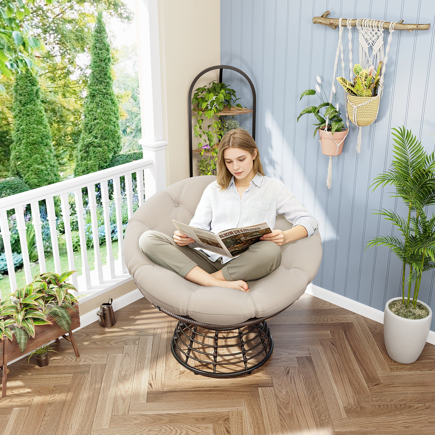 Comfortable Ergonomic Wicker Papasan Chair, 360° Swivel Indoor Outdoor Rattan Chair with Soft Thick Cushion, Ideal for Living Room, Bedroom, Reading Room, Brown Frame with Beige Cushion
