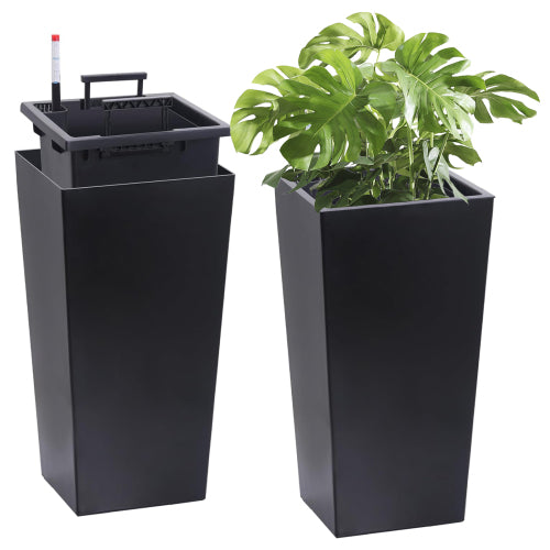 22in. Outdoor Black Plastic Planter Pots with Drainage Holes Water Level Monitor Innerbucket Automatic Watering (2-Pack)