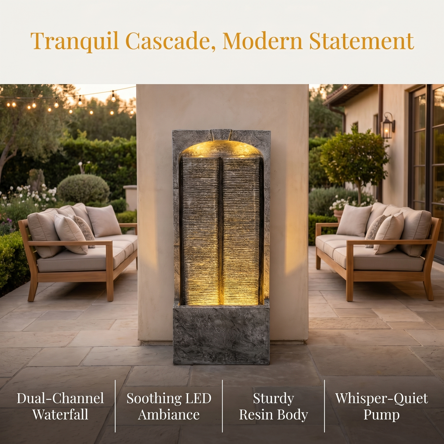 Outdoor Water Fountain Cascading LED Lights 39" H, Resin Fiberglass with Quiet Pump, Freestanding Water Feature for Garden Patio Porch Lawn Backyard Indoor Outdoor Decor