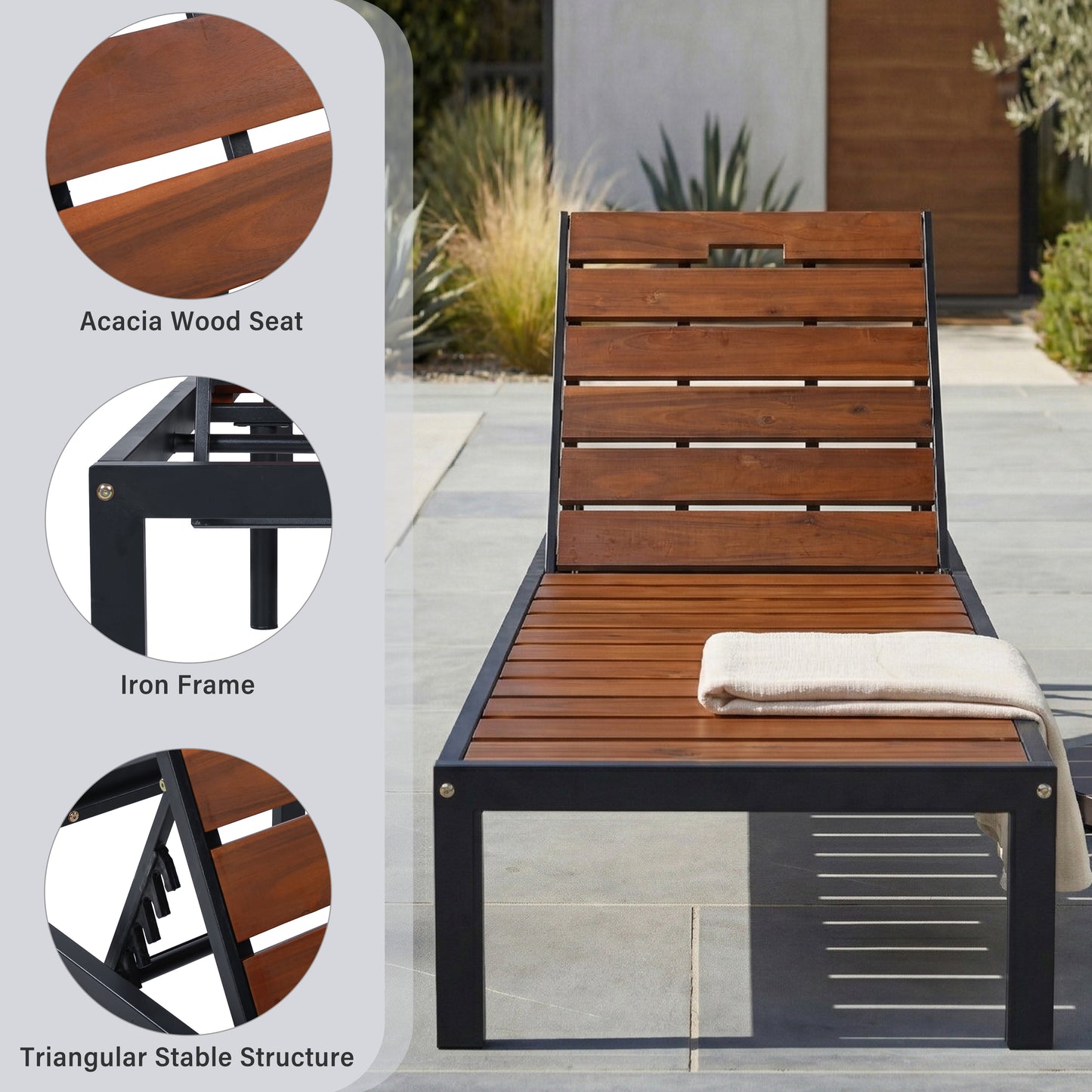 Outdoor Chaise Lounges Pool Lounge Chairs Outdoor Daybed Recliner with Adjustable Backrest for Patio, Poolside or Beach, Black+Brown
