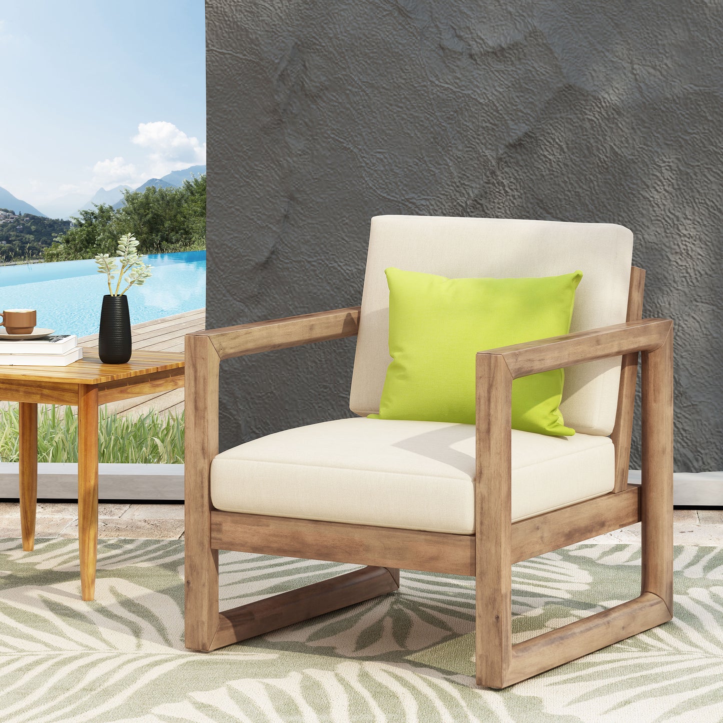 Outdoor Acacia Wood Patio Club Chair, Wood Patio Furniture,Waterproof Thick Cushion Deep Seating for Porch, Garden, Backyard, Balcony, Brown Wash and Beige Cushion