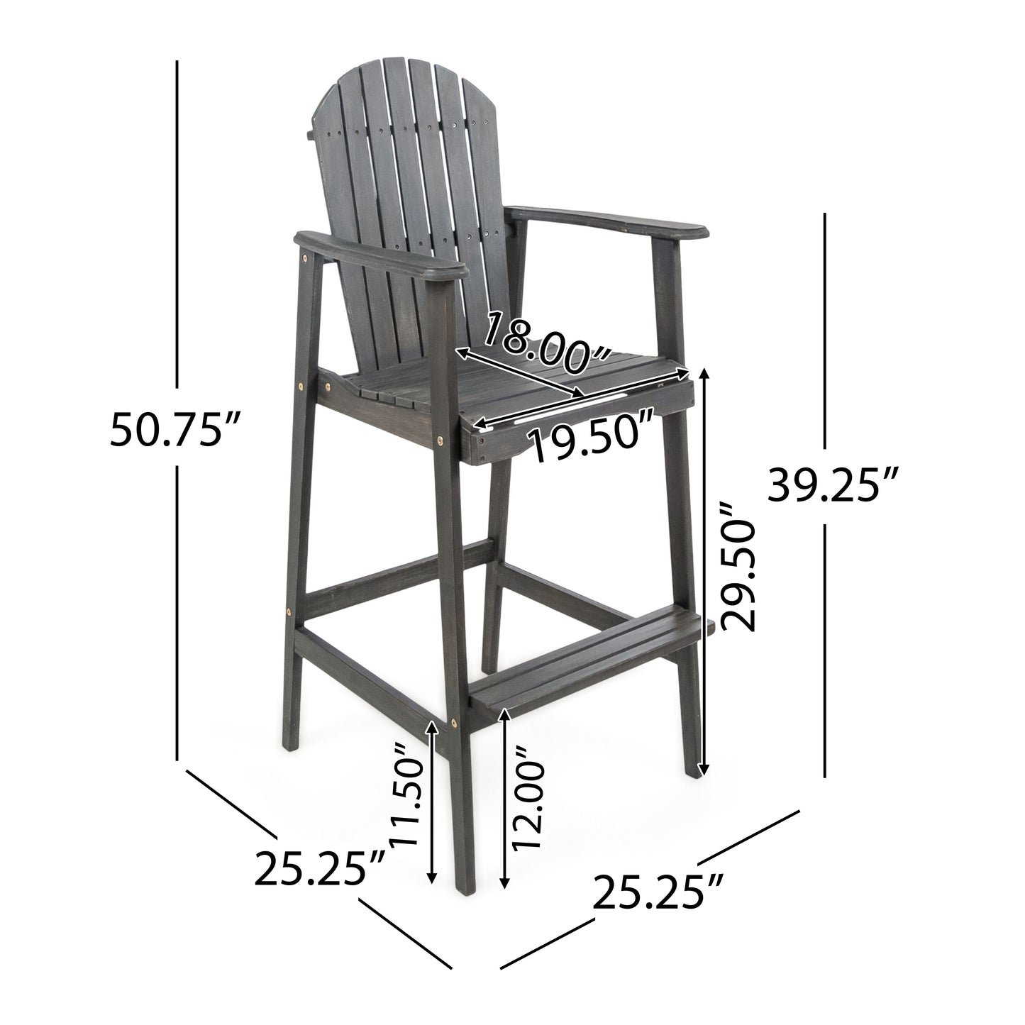 Outdoor Acacia Wood Adirondack Barstools, Set of 2, Dark Gray