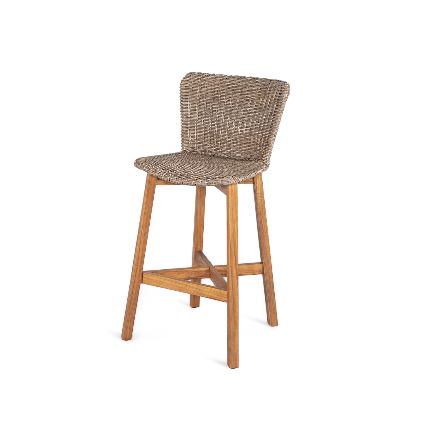 Lymington Outdoor Bar Stool, Teak Finished Wood with Light Brown Wicker, Set of 2