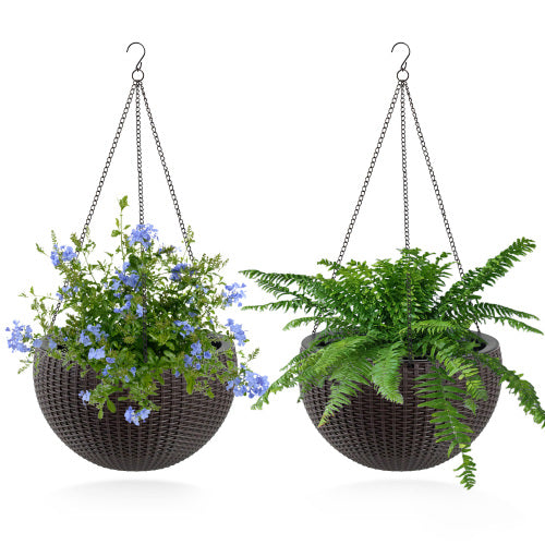 Brown Resin Hanging Basket, Hanging Planters for Indoor Outdoor Plants, Self Watering Hanging Pot w/Self Watering,2-Pack