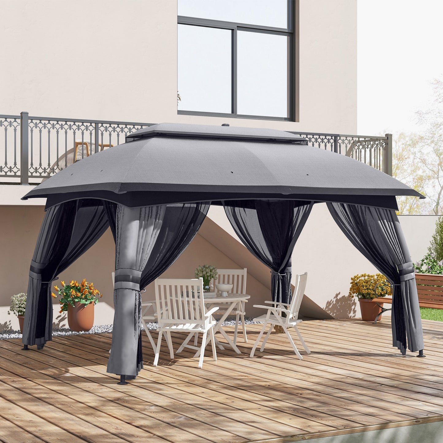 Outsunny 10' x 13' Patio Gazebo, Outdoor Gazebo Canopy Shelter with Netting, Vented Roof, Steel Frame for Garden, Lawn, Backyard, and Deck, Dark Gray