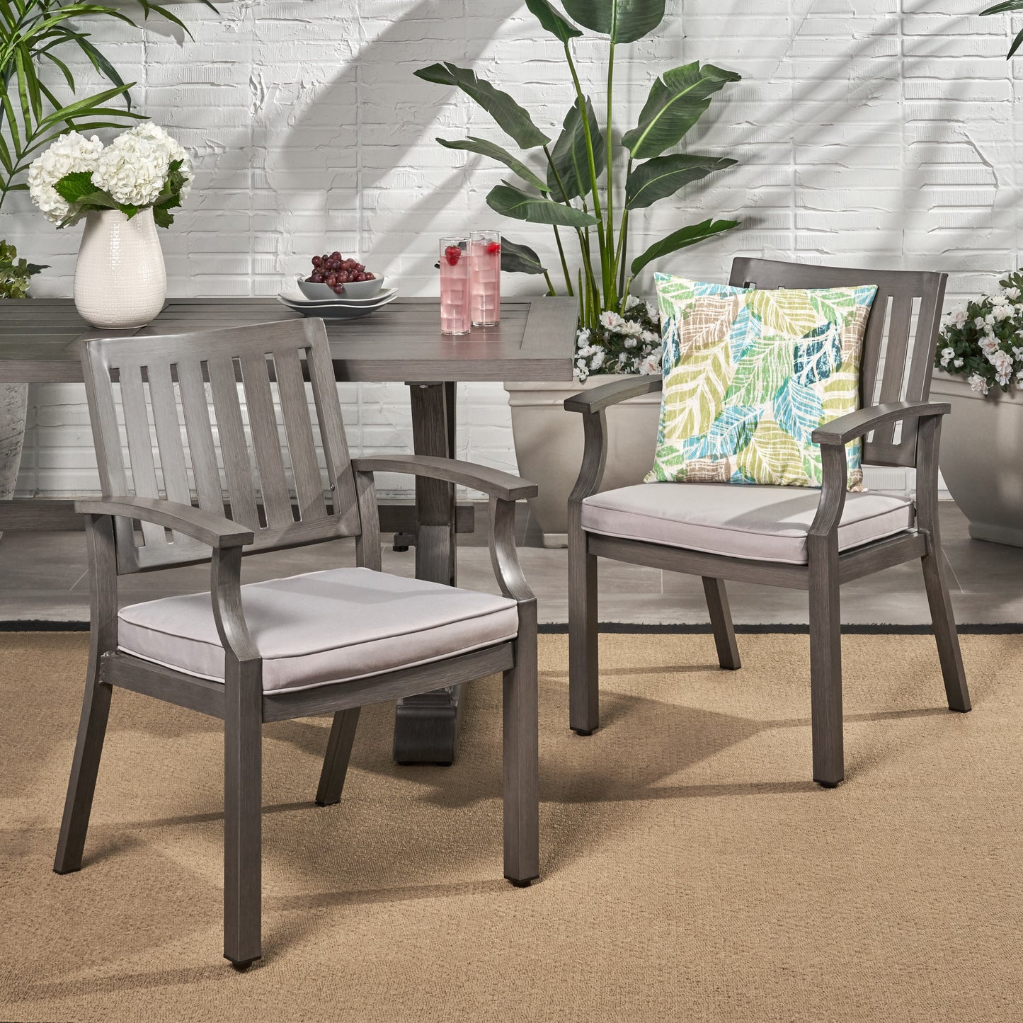 Outdoor Modern Aluminum Dining Chair with Cushion (Set of 2), Dark Gray and Silver