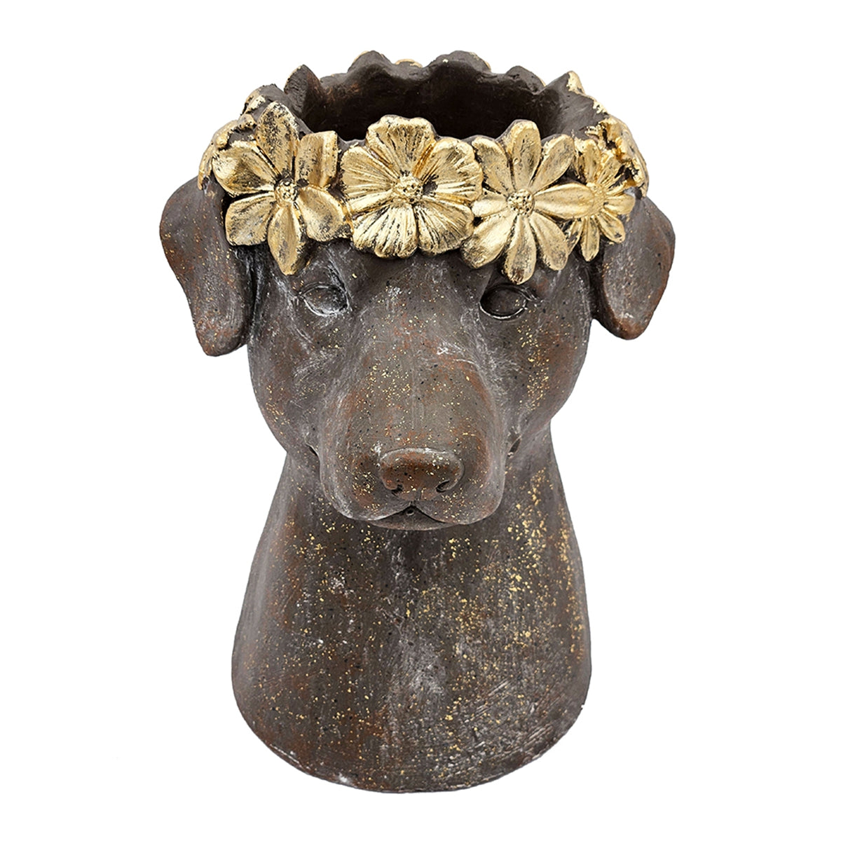 9.3x9.3x13" Magnesium Dog Statue Planter with Textured Brown Finish and Gold Leaf Crown
