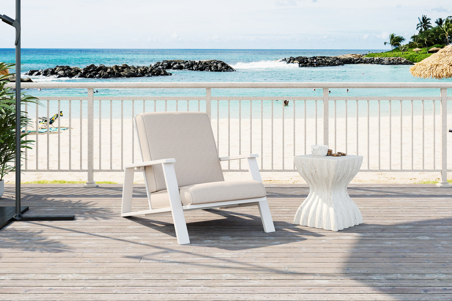 Patio Lounge Chair, Outdoor Club Chair with Beige Cushion and White Acacia Wood Frame