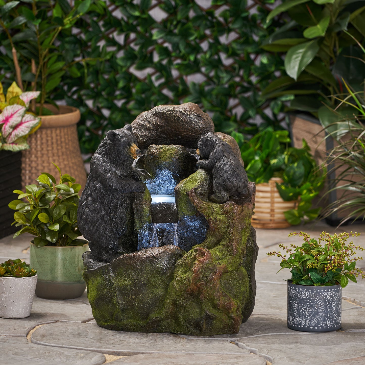 23.75" High Hand Crafted Weather Resistant Floor Fountain, Moss + Black