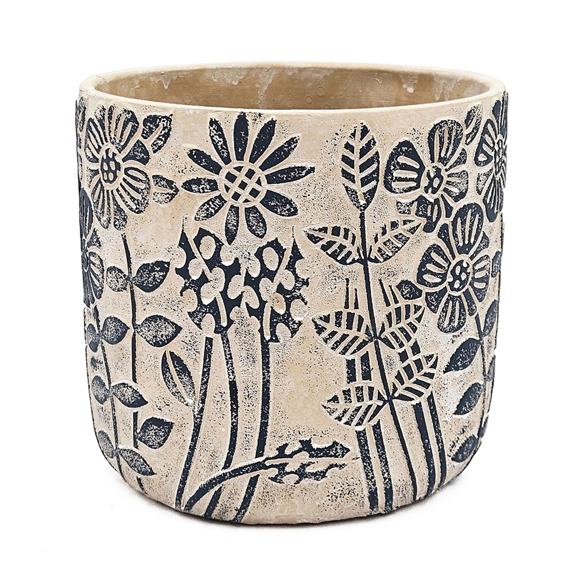 S/2 Gray Sand and Cement Planters with Blue Floral Motif, L:D7x6.7" S:D5.5x5"