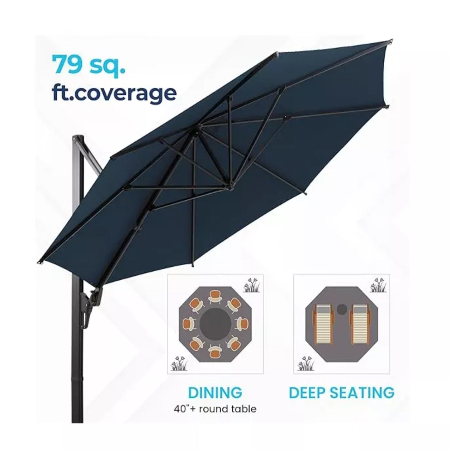 10 Ft Blue Square Large Cantilever Patio Umbrella with 360° Rotation & Tit Adjustment and Heavy Duty Offset Polyester Canopy Deck Umbrella without base.