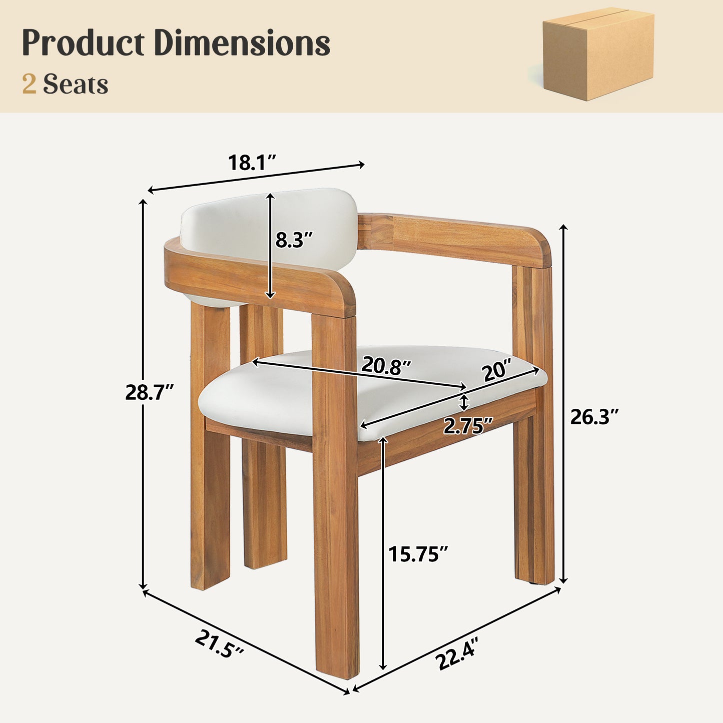 Set of 2 Outdoor Acacia Wood Dining Chairs with Cushions, Modern Solid Wood Armchairs with Weather-Resistant Upholstery for Patio, Garden, Balcony & Backyard,Beige Cushion