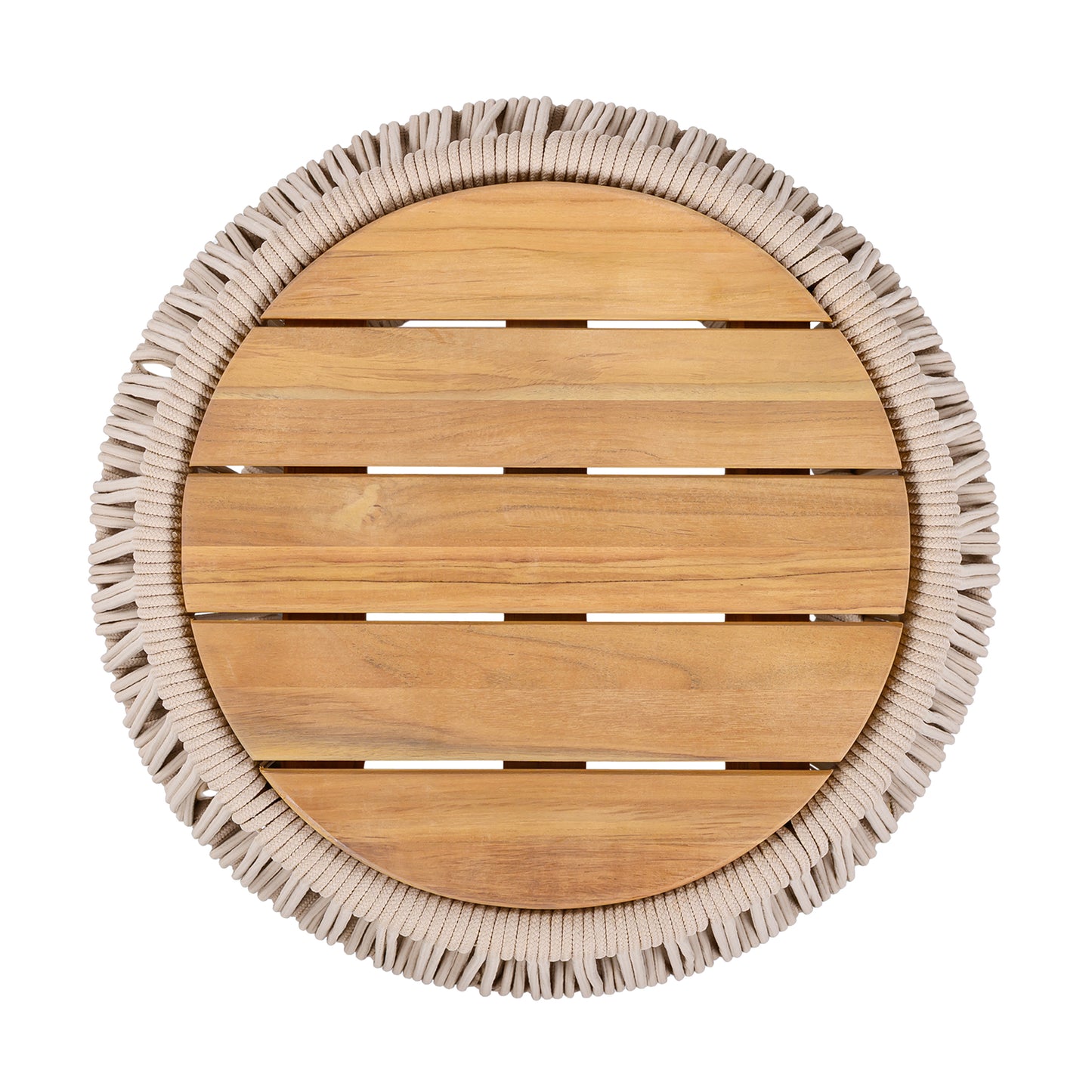 Acacia Wood Side Table with Beige Rope Base - Light Teak Finish, Modern Coastal Accent for Patio, Garden, Balcony & Indoor Use