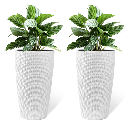 2-Piece Wicker Outdoor Planter Set with Water Level Monitoring Inner Bucket for Gardens, Patios, and Backyards, White